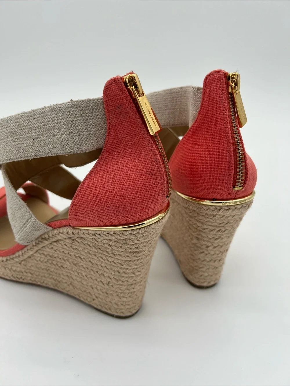 Michael Kors Coral and Natural Canvas Espadrille Wedge Sandals size 7.5